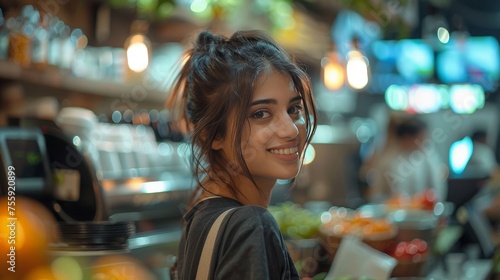 Smiling Indian Female Cashier Processing Payments in Contemporary Restaurant Setting generative ai