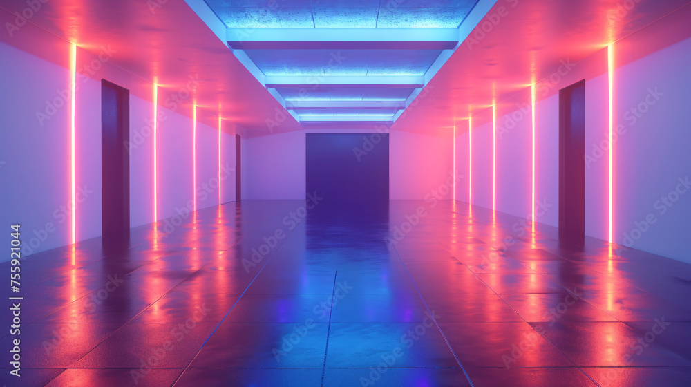 Empty room with pink lighting, textured walls, and reflective floor.