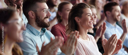 Happy audience applauding at a show or business seminar, theater performance listening and clapping at conference and presentation. Group of supporters, fans cheering excited applauding