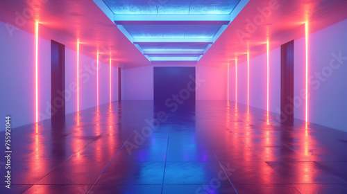 Empty room with pink lighting, textured walls, and reflective floor.