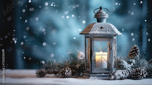 Christmas lantern with snowfall. Winter scene. Closeup Xmas background, wallpaper or card