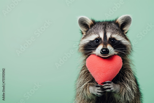 A cute and happy raccoon holds a plush heart, radiating joy and affection against an isolated pastel green background. © Evgeniia