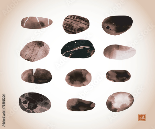 Ink painting of pebble stones on in vintage style. Traditional oriental ink painting sumi-e, u-sin, go-hua. Translation of hieroglyph - zen