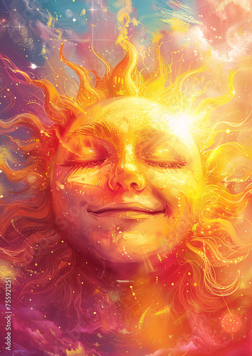 A smiling sun amidst a cosmic backdrop, surrounded by stars and planets