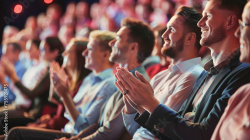 Group of supporters, fans cheering excited applauding, Happy audience applauding at a show or business seminar, theater performance listening and clapping at conference and presentation.  photo