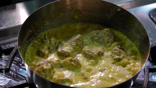 Cooking Satsivi in restaurant kitchen by professional chef traditional Georgian dish of chicken in nut sauce. Hand stirring and adding sauce to pan on gas stove. photo