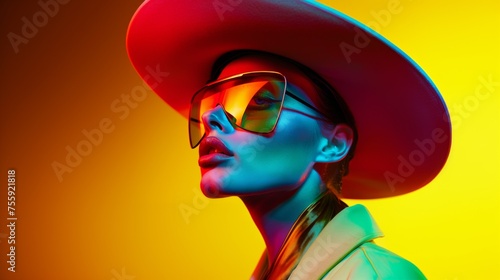 Bright fashion portrait of a woman in stylish sunglasses and a hat. Colorful, rich colors, unusual image. Fashion and beauty.