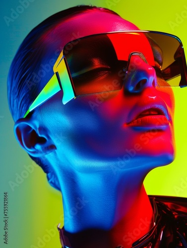 Bright fashion portrait of a woman in stylish sunglasses. Colorful  rich colors  unusual image. Fashion and beauty.
