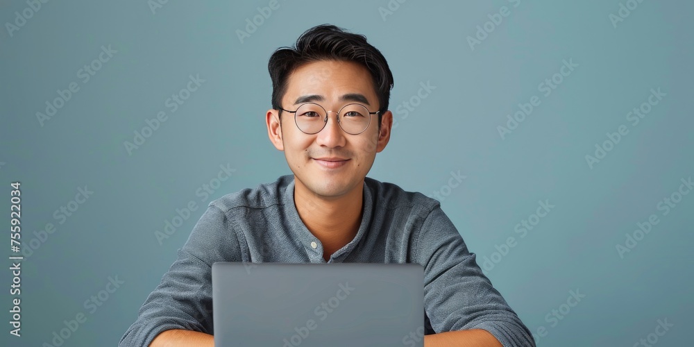 Smiling Young Chinese Professional: Long Shot with MacBook and Glasses generative ai Smiling Young Chinese Professional: Long Shot with MacBook and Glasses generative ai