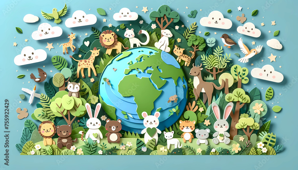 Fototapeta premium Paper cut art in Earth day Joyful cute animals, and trees within a sustainable planet 