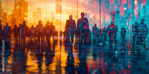 The background is made of digital code  with silhouettes of people in business attire standing together. 