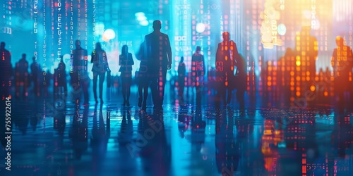 The background is made of digital code  with silhouettes of people in business attire standing together. 