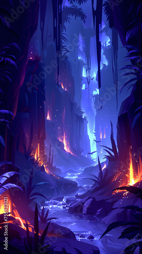 A mystical forest with towering trees, glowing plants, and a serene stream at night. photo