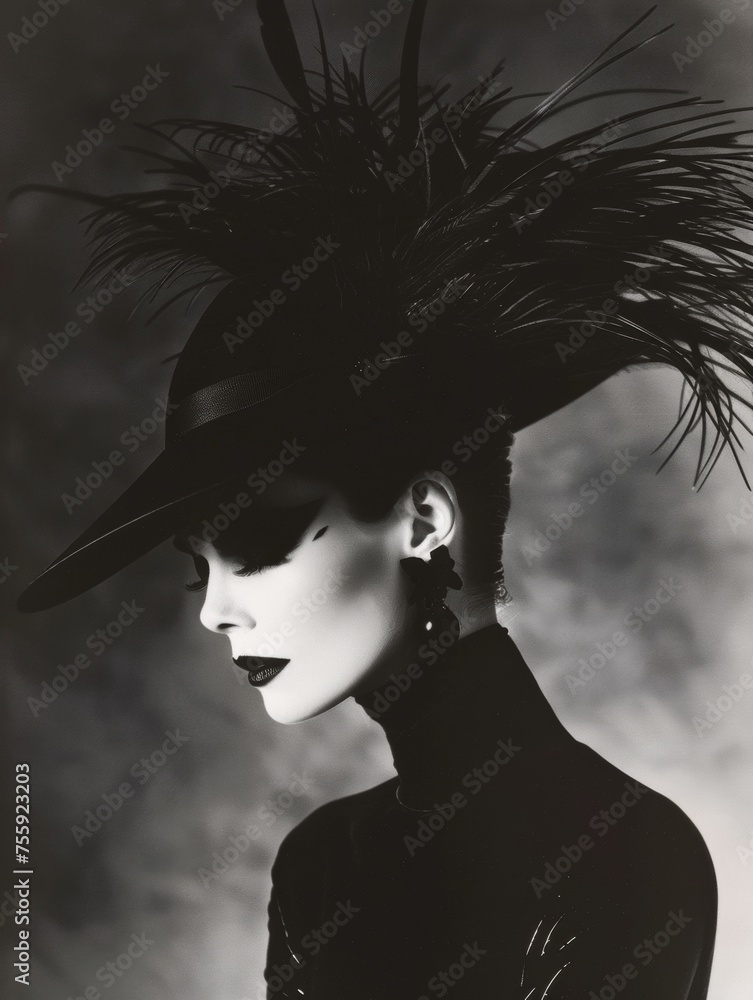 Fototapeta premium Bright fashion portrait of a woman in a stylish hat. Colorful, rich colors, unusual image. Fashion and beauty.