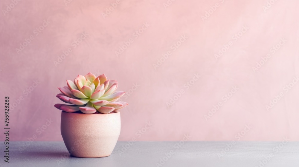 Fototapeta premium Succulent with soft pink painted concrete wall background. Negative space. Free space for text. Generative AI