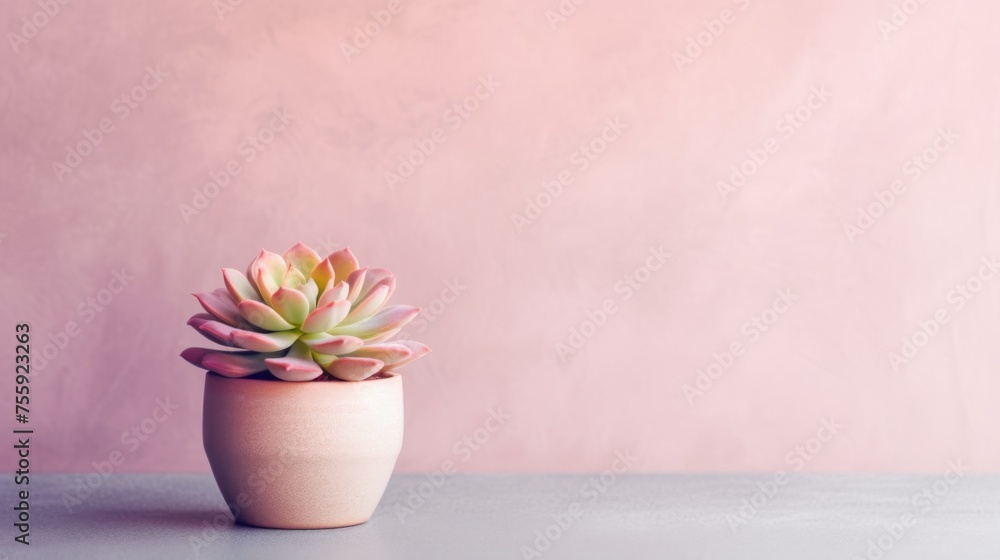 Succulent with soft pink painted concrete wall background. Negative space. Free space for text. Generative AI