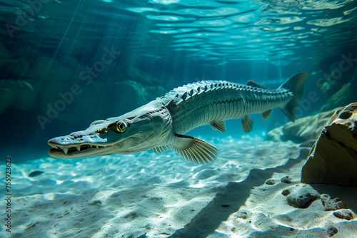 Alligator gar in the sea, Atractosteus spatula, Alligator gar full body under water photography, Close up of alligator gar, Crocodile fish, An Alligator gar while swimming wallpaper concept