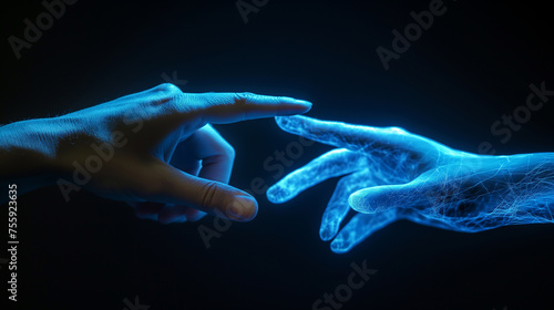 Close up of two people from long distance touching fingers and feeling each other in cyberspace and innovative technology. Generative AI