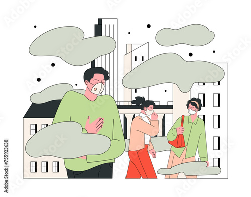 Air quality awareness. Urban smog. Citizens wearing masks in heavy smog