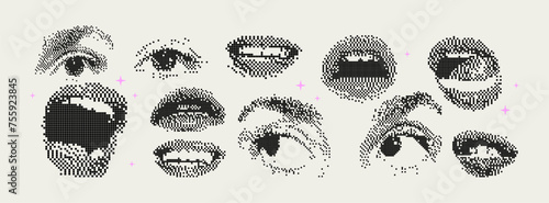 Pixel Y2K female eyes and mouths. Set of trendy different bitmap graphic elements. Retro futuristic clip art shapes for collage or retro design. 8 bit. Vector illustration.