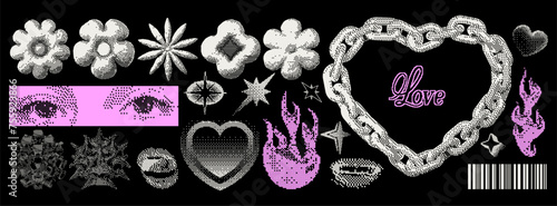 Bitmap Y2K shapes.Set of trendy different pixel graphic elements. Retro futuristic clip art stickers for collage, retro design, t-shirt.8 bit. Vector illustration. Chain in the shape of a heart,mouths