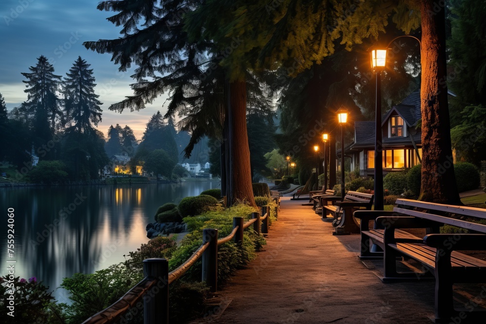 The serene beauty of a lakeside park at twilight