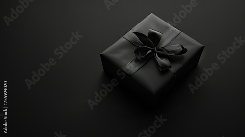 The black gift and ribbon are placed in a visually pleasing manner on a black surface, taking into account the placement of elements to create a balanced composition with ample copy space.