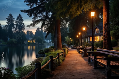 The serene beauty of a lakeside park at twilight