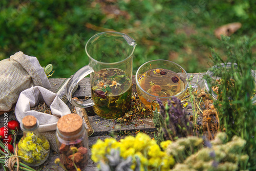Tea from medicinal herbs. Selective focus.