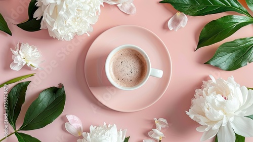 a cup of coffee and peony flowers are arranged in a balanced and visually appealing manner against a pink background with decorative fabrics and leaves. Flat top view