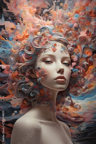  Dreamlike Doll  AI-crafted image blends abstract art and multicolored flowers into hallucinatory hair. Explore surreal depths with this imaginative masterpiece. Perfect for art enthusiasts   fantasy 