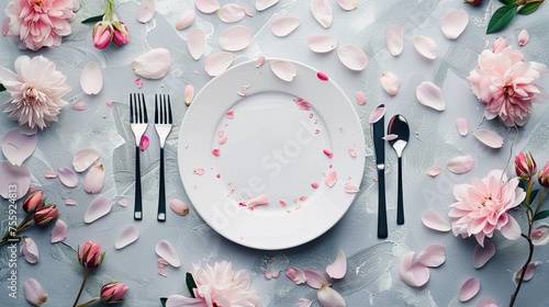 diffused light illuminates the table setting, highlighting the delicate details of pink flowers and silverware. This enhances the romantic atmosphere and creates a realistic atmosphere. photo