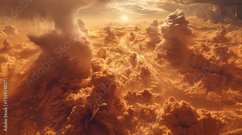 Plane flies amidst breathtaking golden clouds, illuminated by the setting sun.