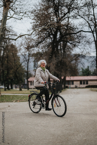 Mature female retiree stays healthy and active by cycling through a quiet park, embodying vitality and leisure in retirement.