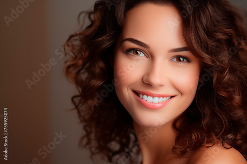 Close-up portrait of a smiling woman with curly brunette hair, radiant beauty, and a warm, confident look.