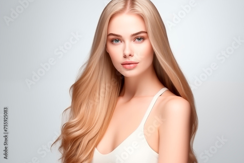  Luxurious long blonde hair of a woman  denoting beauty and care.