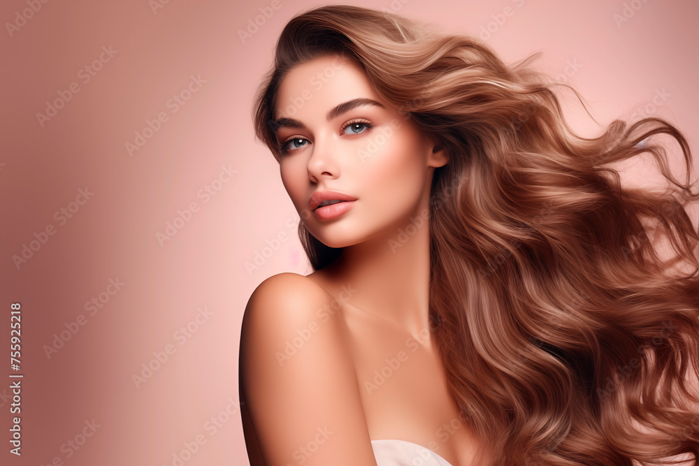 A glamorous portrait of a woman with voluminous wavy hair and a soft expression against a neutral backdrop.