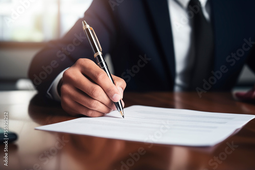Close-up of a businessman s hand signing a contract  symbolizing a formal agreement or deal.