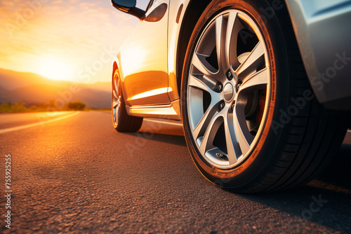 Luxury car wheel on an open road at sunset, the warm light reflecting off the car’s sleek design. © EricMiguel