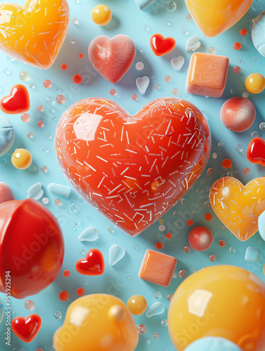Colorful hearts and candies on a blue background. photo