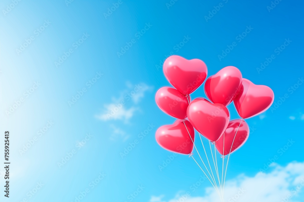 Pink heart-shaped balloons soaring into a bright blue sky with fluffy clouds.