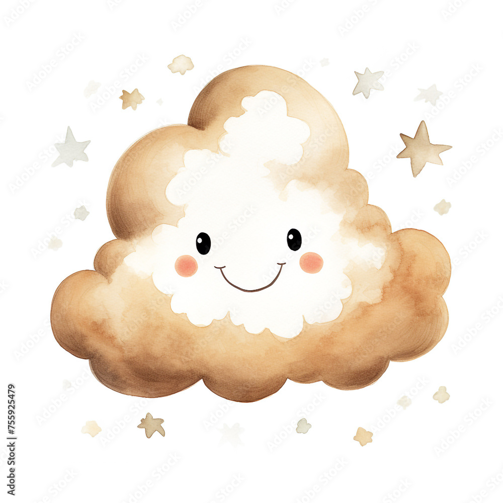 Naklejka premium a cute nursery smiling cloud isolated on white, on white background сreated with Generative Ai