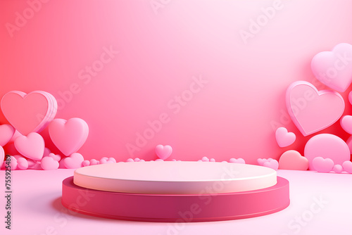 3D rendered pink background with heart shapes and a central podium for Valentine's Day showcase. photo