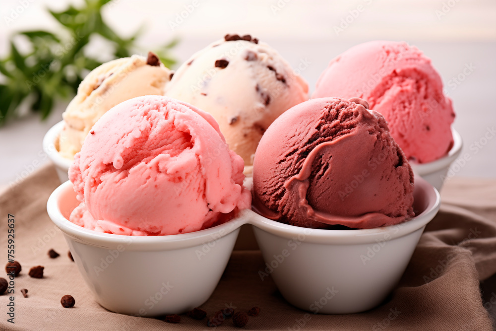Scoops of strawberry, chocolate, and vanilla ice cream in bowls, a sweet and indulgent dessert. Scoops of strawberry, chocolate, and vanilla ice cream in bowls, a sweet and indulgent dessert.