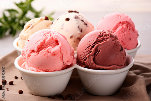 Scoops of strawberry, chocolate, and vanilla ice cream in bowls, a sweet and indulgent dessert.