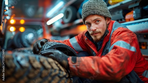 Man Examining Tire in Store