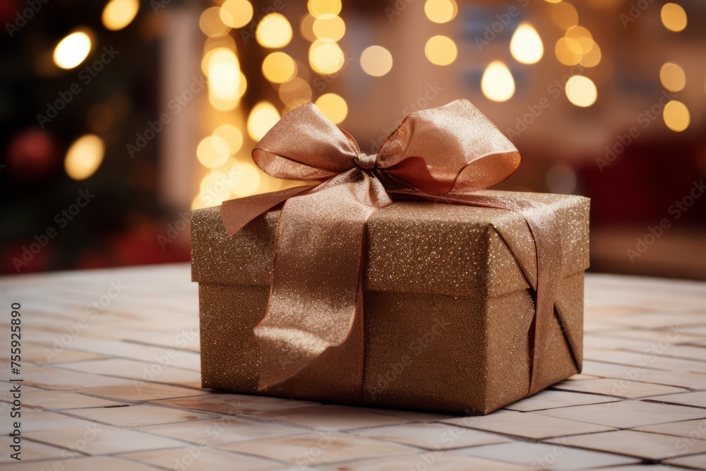 A Christmas present with a plush bow and tag A Christmas present with a plush bow and tag