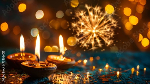 Diwali candles and fireworks in dark night - Warm and celebratory atmosphere with lit Diwali diyas against a backdrop of fireworks resembling joy and tradition