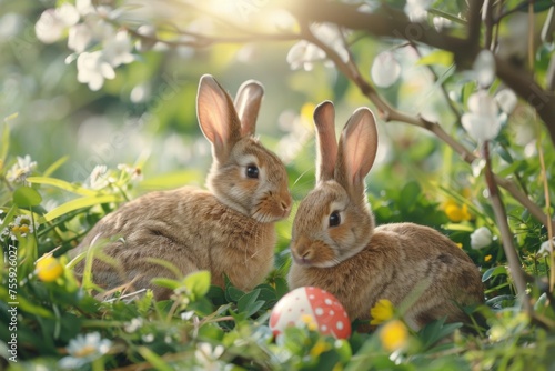 Easter bunnies nestled among spring flowers - Two adorable rabbits are surrounded by vibrant spring flowers, showcasing nature's beauty and the essence of Easter