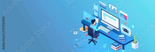 Graphic design of digital workspace concept - An isometric illustration representing a designer's digital workspace with multiple screens, tools, and vibrant colors